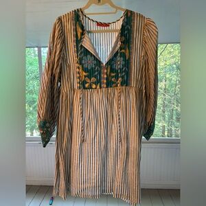 Oliphant Green and Gold Striped Mini Dress—festive, comfy, and easy to wear